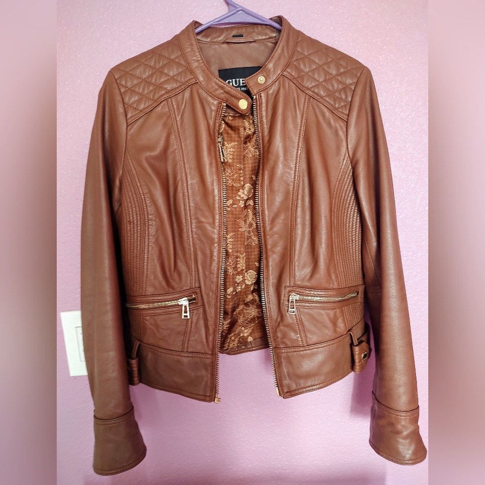 Guess Women's Brown Leather Jacket with Floral Lining